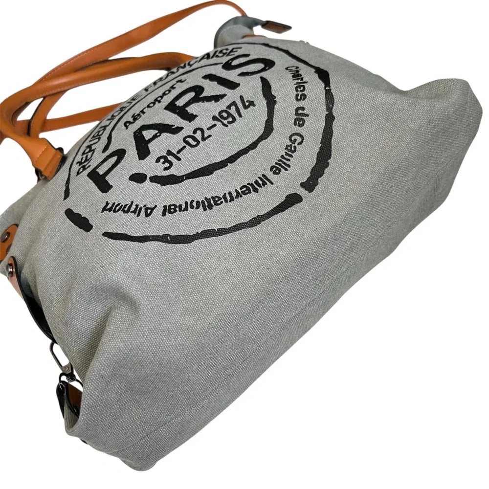 Paris Graphic Canvas Crossbody Tote Bag Gray Cognac Travel Messenger Purse